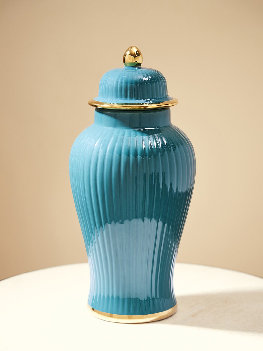 

Pure Home and Living Teal Ribbed Ceramic Urn with Lid