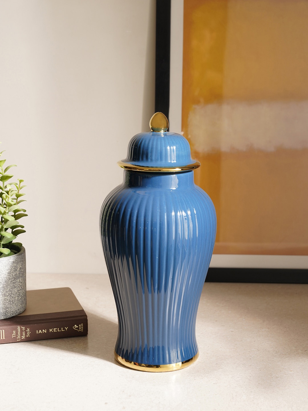 

Pure Home and Living Blue & Beige Ribbed Ceramic Showpieces