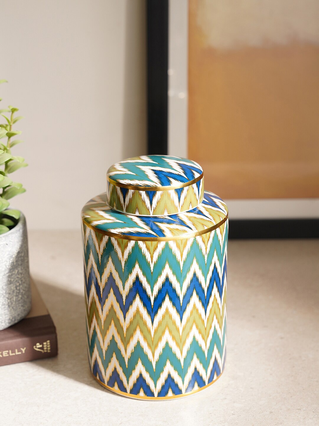 

Pure Home and Living White & Yellow Ikat Print Ceramic Canister with Lid