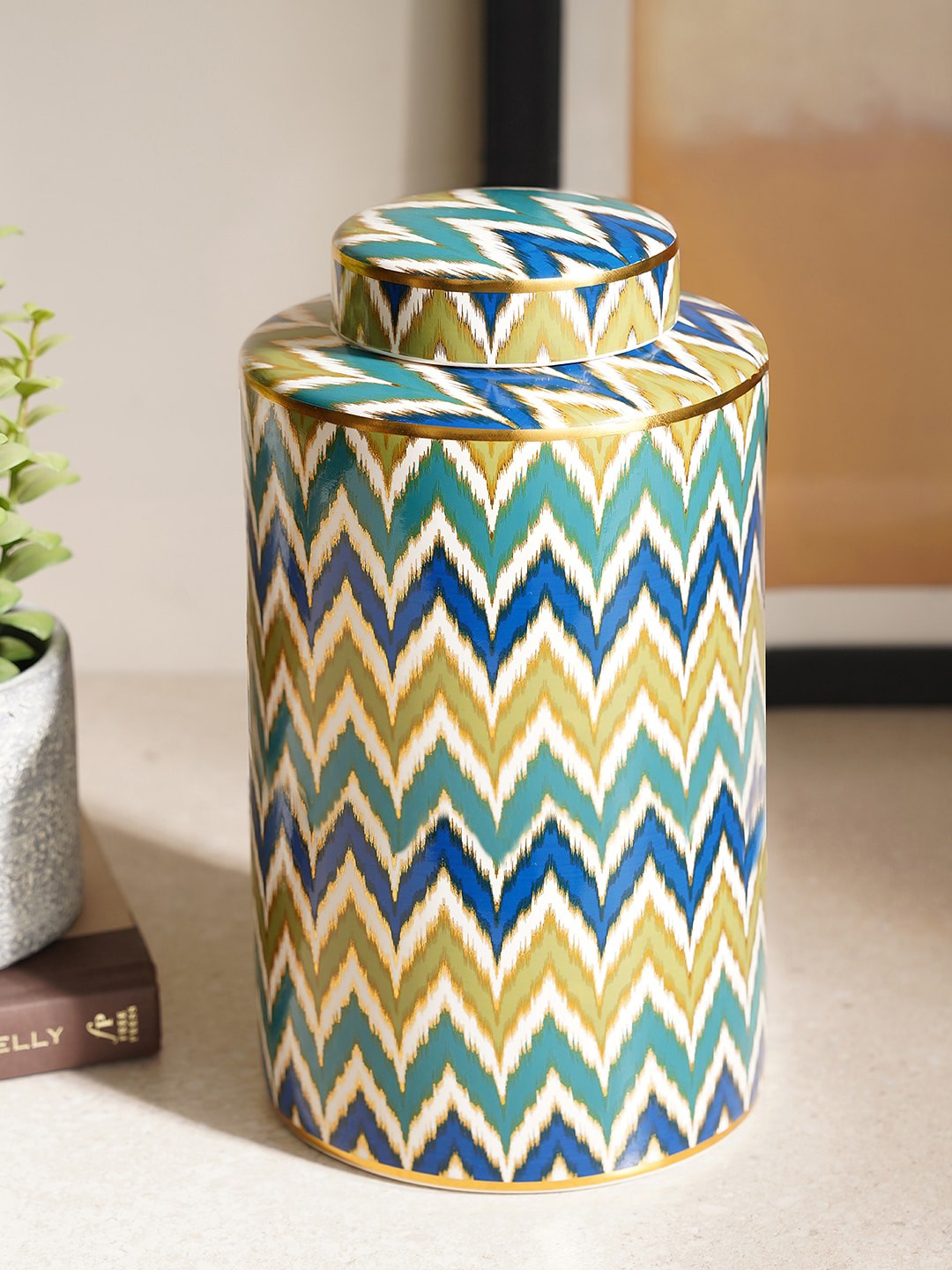

Pure Home and Living White & Yellow Ikat Printed Ceramic Canister with Lid