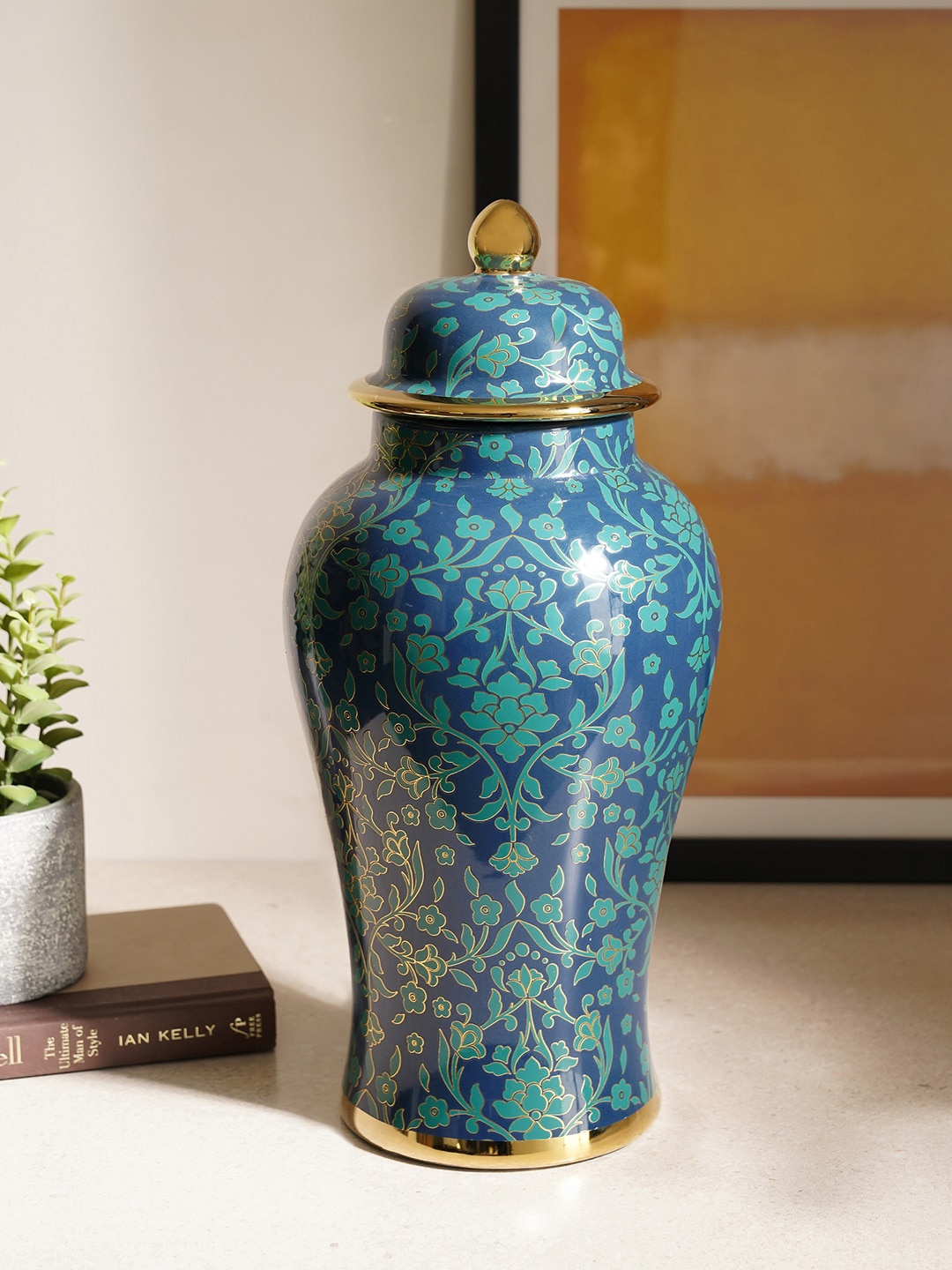 

Pure Home and Living Blue and Teal Floral Print Ceramic Urn with Lid