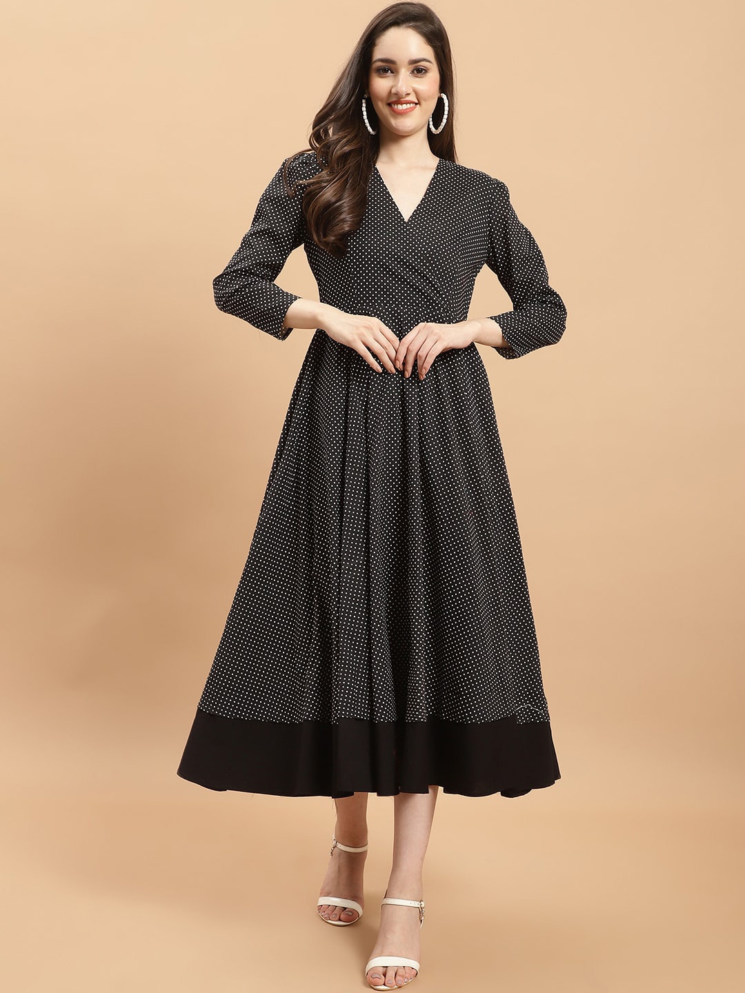 

WESTCLO Polka Dots Printed V-Neck Cotton Fit & Flare Midi Dress, Black