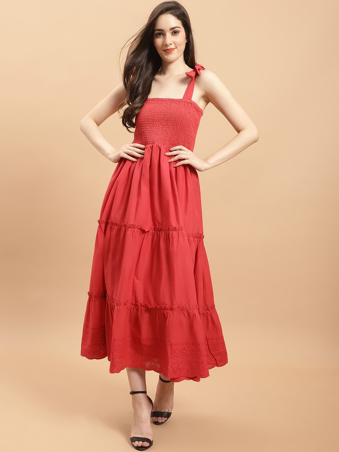 

WESTCLO Smocked Detailed Tiered Shoulder Straps Fit & Flare Midi Dress, Red