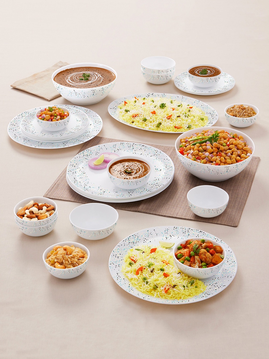 

Larah by BOROSIL Moon Riva White & Blue 27 Pieces Printed Opalware Matte Dinner Set