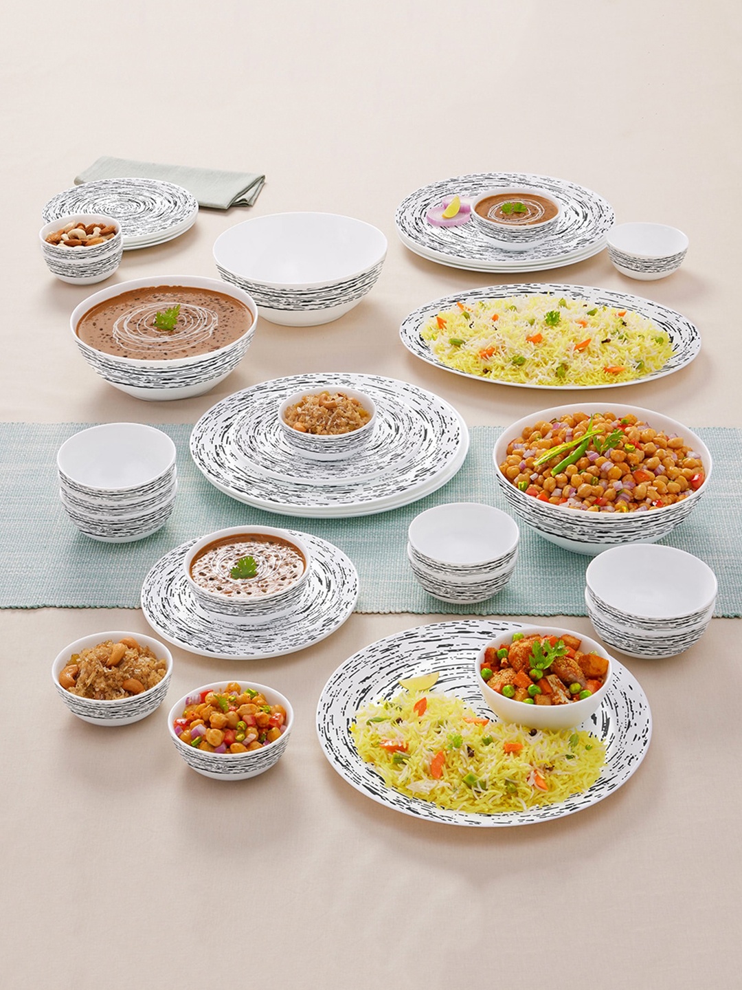 

Larah by BOROSIL White & Black 36 Pieces Printed Opalware Matte Dinner Set