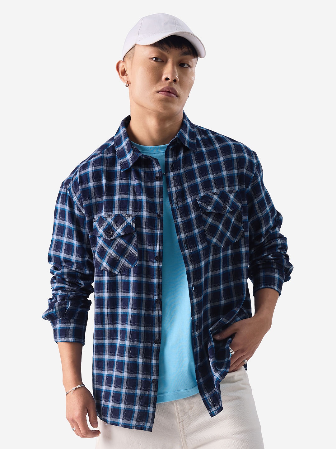 

The Souled Store Navy Blue Checked Printed Spread Collar Cotton Boxy Fit Shirt