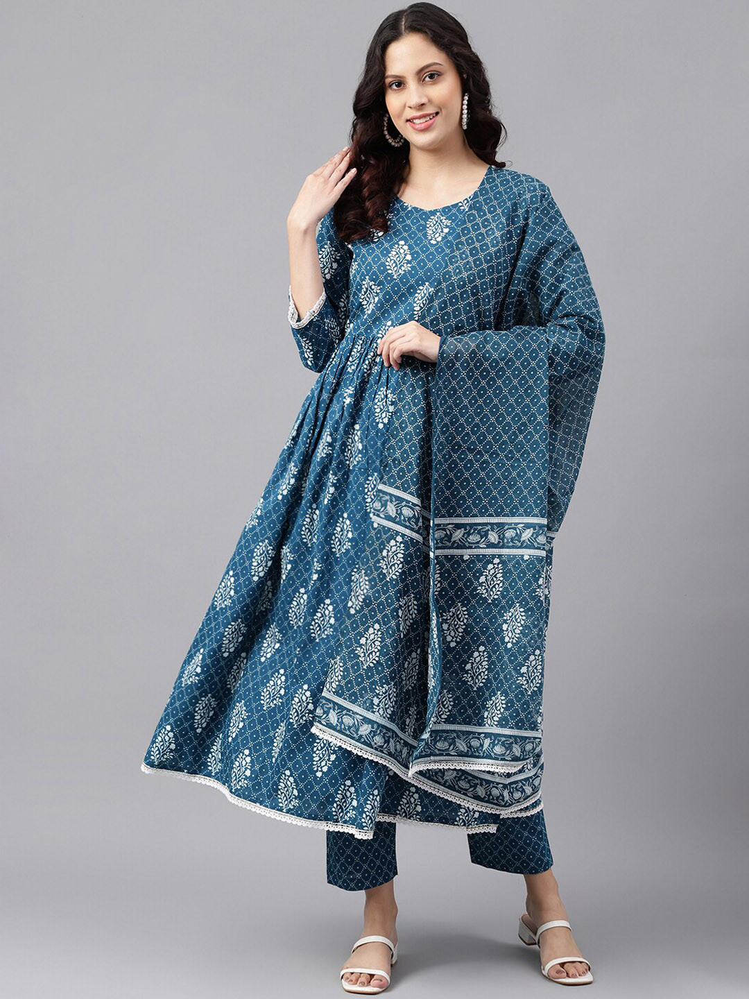 

KALINI Ethnic Motifs Printed Pure Cotton Kurta with Palazzos & Dupatta, Blue
