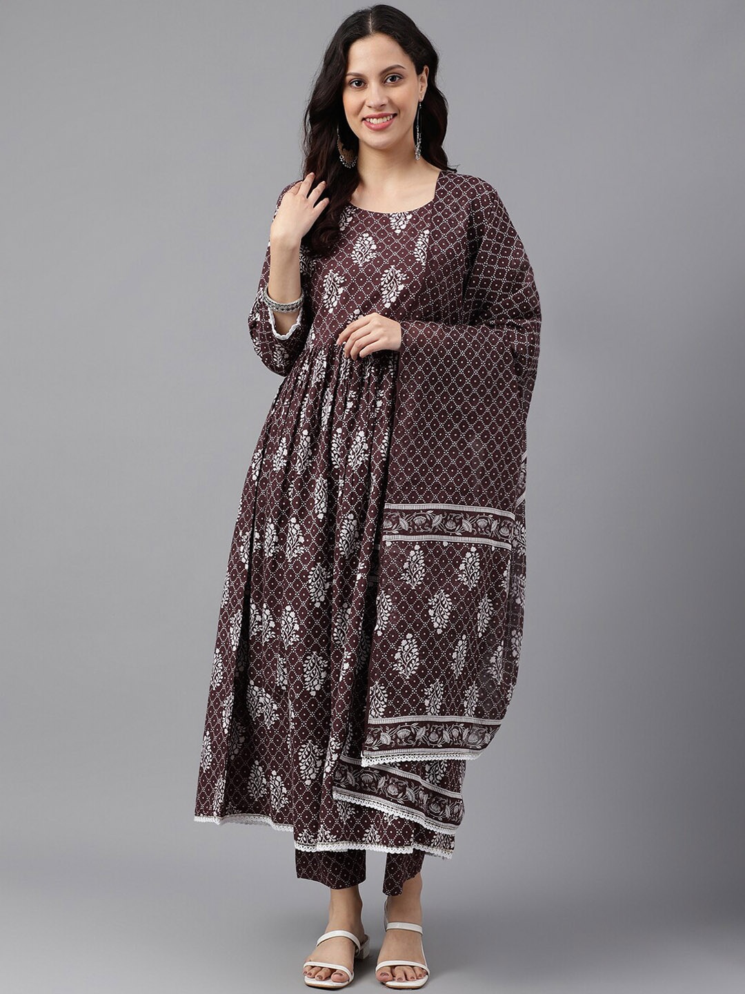 

KALINI Floral Printed Empire Pure Cotton Kurta With Palazzos & Dupatta, Coffee brown