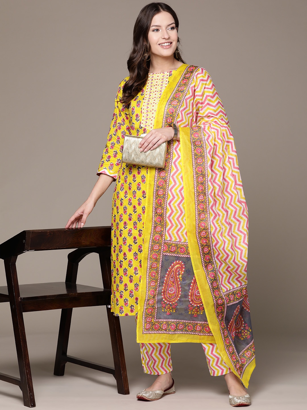 

Anubhutee Women Ethnic Motifs Printed Thread Work Cotton Kurta with Trousers & Dupatta, Yellow