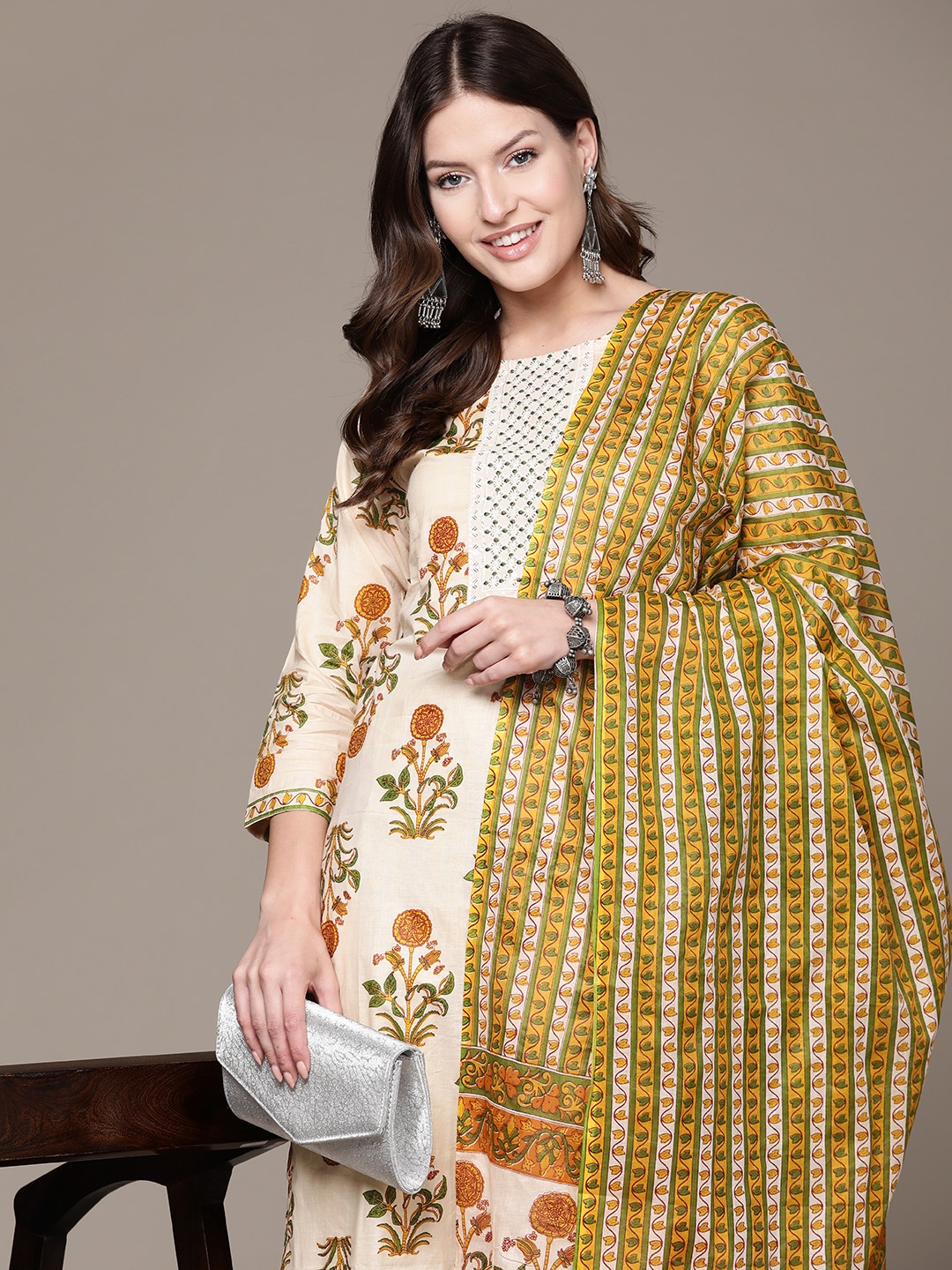 

Anubhutee Women Floral Printed Thread Work Cotton Kurta with Trousers & With Dupatta, Beige
