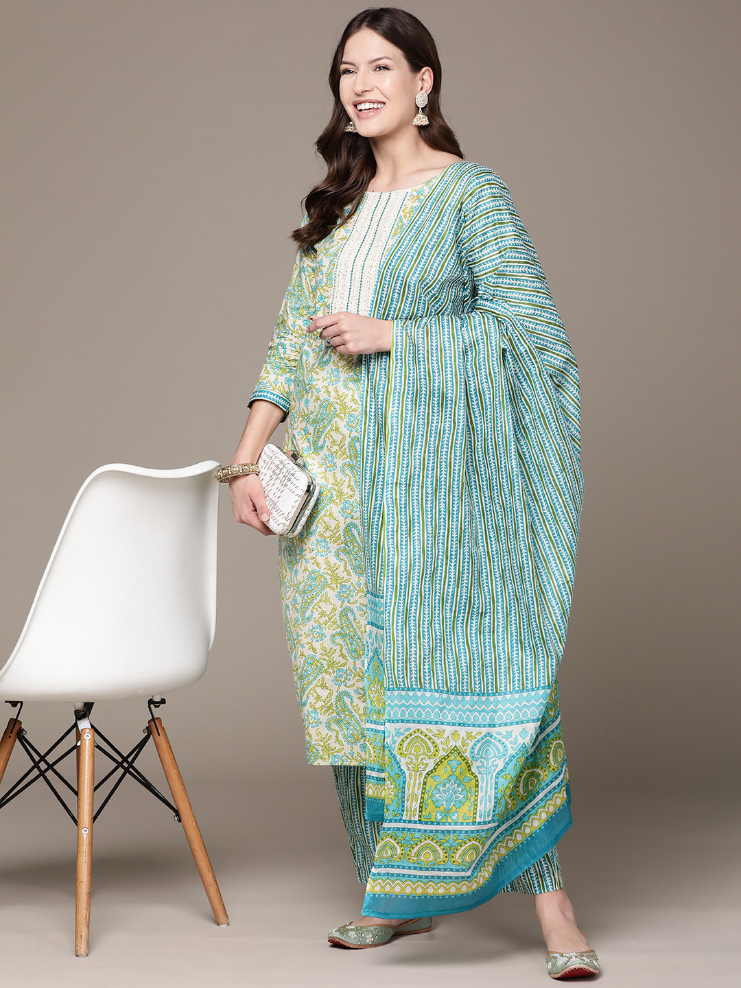 

Anubhutee Ethnic Motifs Printed Thread Work Pure Cotton Kurta with Trousers & Dupatta, Turquoise blue