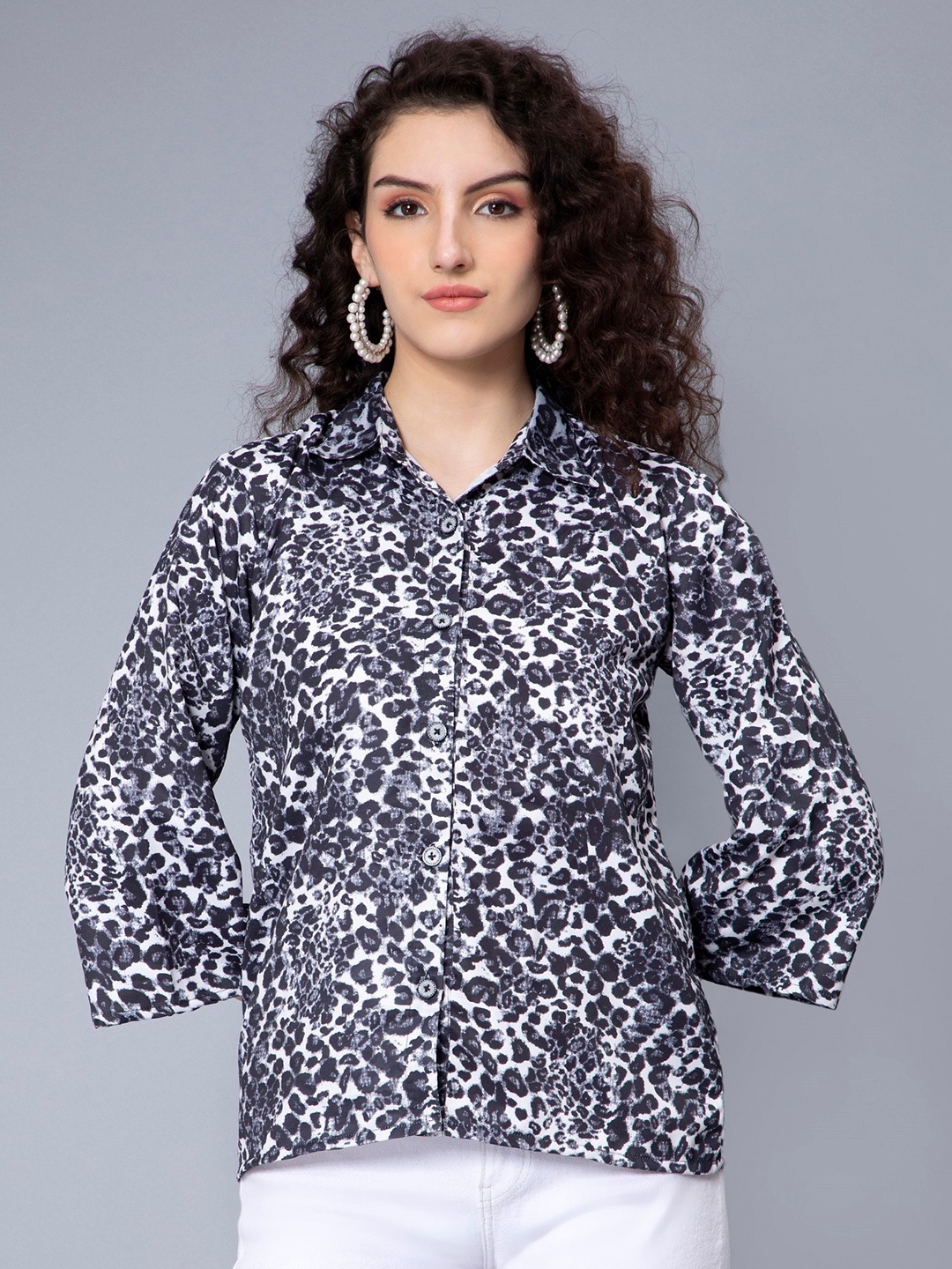 

Nirkhi Animal Printed Shirt Style Top, Black