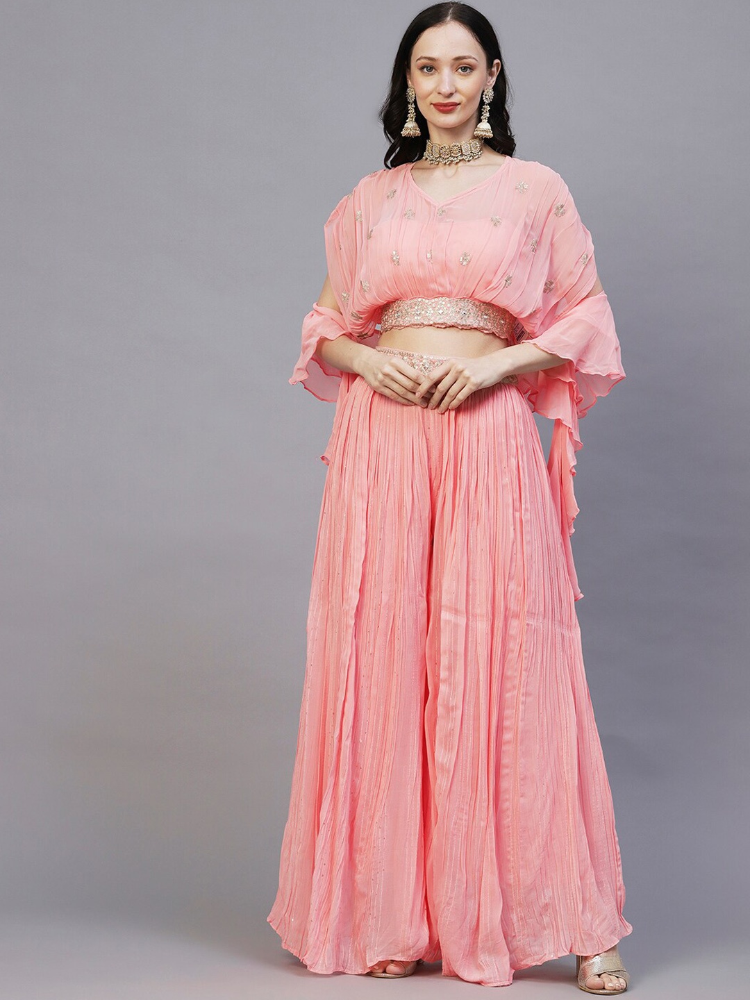 

Envy Me by FASHOR Embellished V-Neck Top & Palazzos with Dupatta, Peach