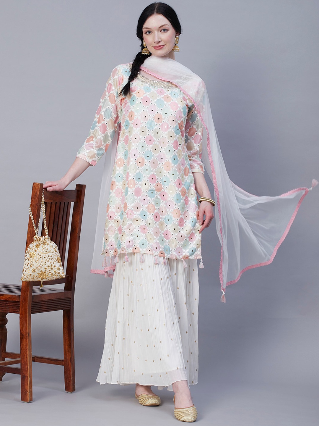 

Envy Me by FASHOR Ethnic Motifs Printed Beads and Stones Kurta With Sharara & Dupatta, White