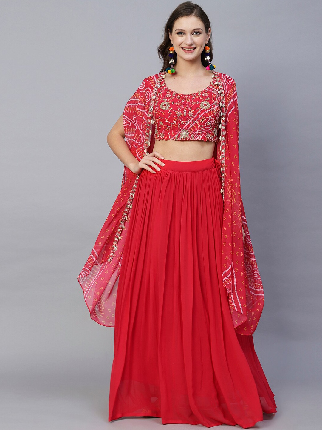 

Envy Me by FASHOR Floral Embroidered Crop Top With Shrug & Skirt Co-Ords, Red