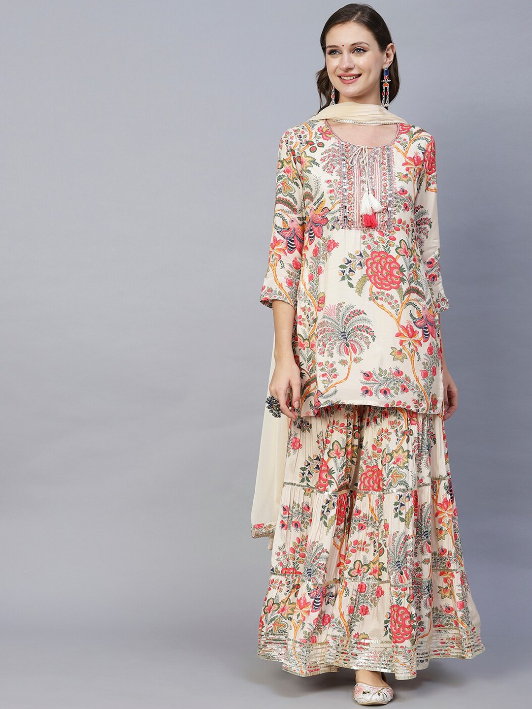 

Envy Me by FASHOR Floral Printed Tie-Up Neck Gotta patti Kurta With Sharara & Dupatta, Cream