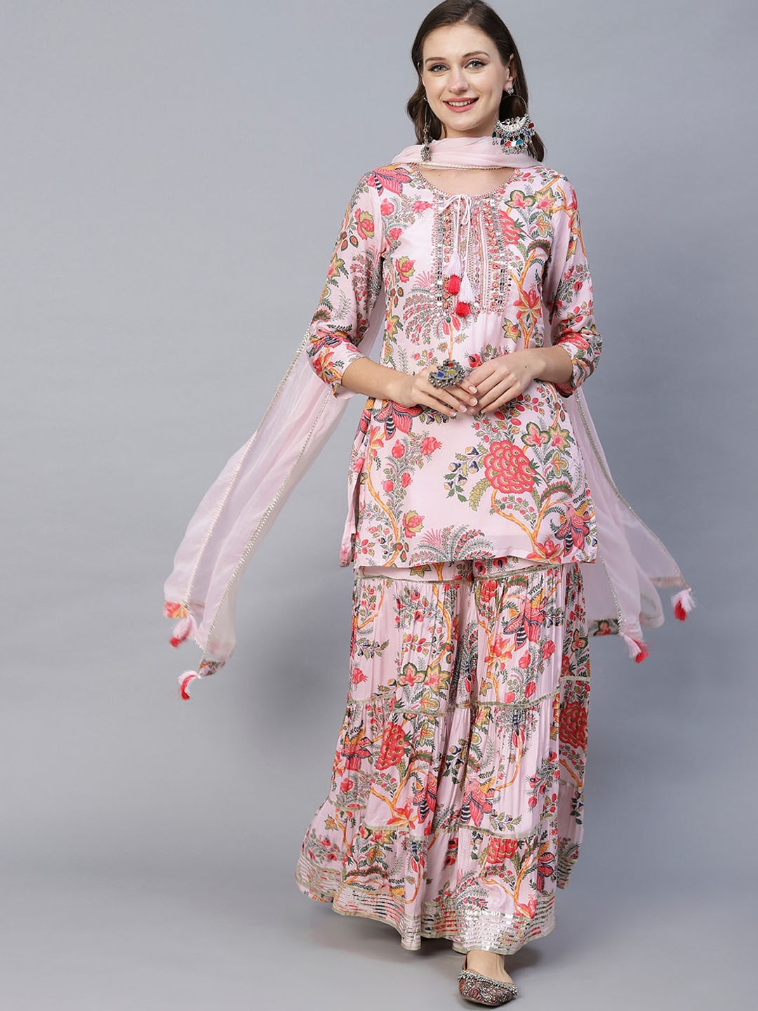 

Envy Me by FASHOR Floral Printed Tie-Up Neck Gotta patti Kurta With Sharara & Dupatta, Pink