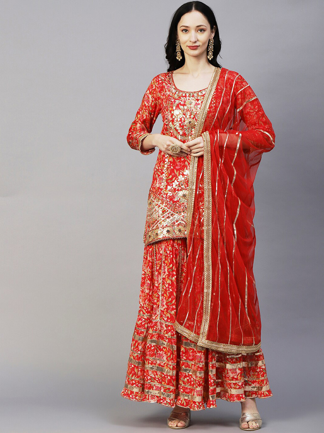 

Envy Me by FASHOR Floral Printed Round Neck Gotta Patti Kurta With Sharara & Dupatta, Red