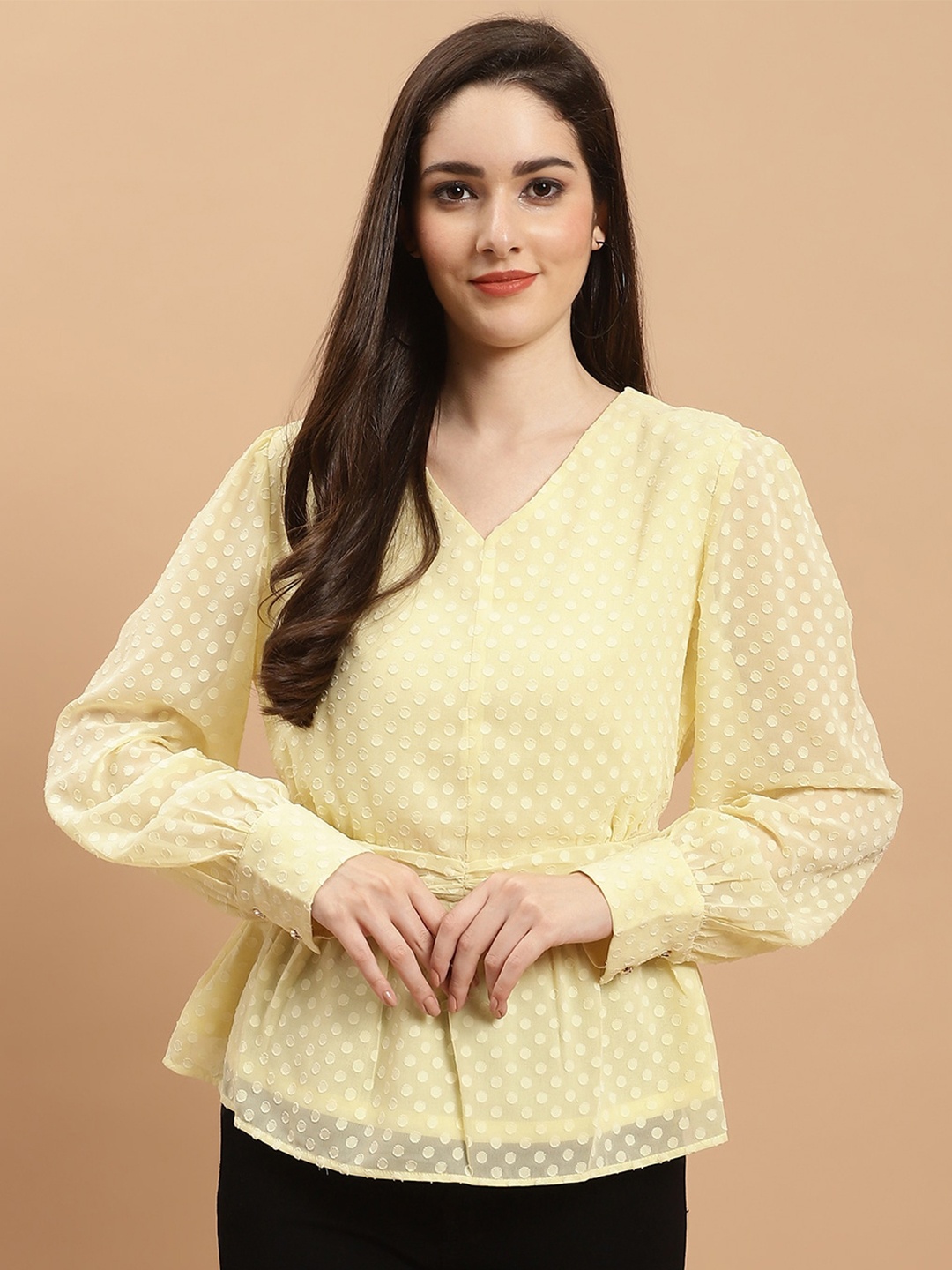 

WESTCLO Self Design Cuffed Sleeves Smocking Top, Yellow