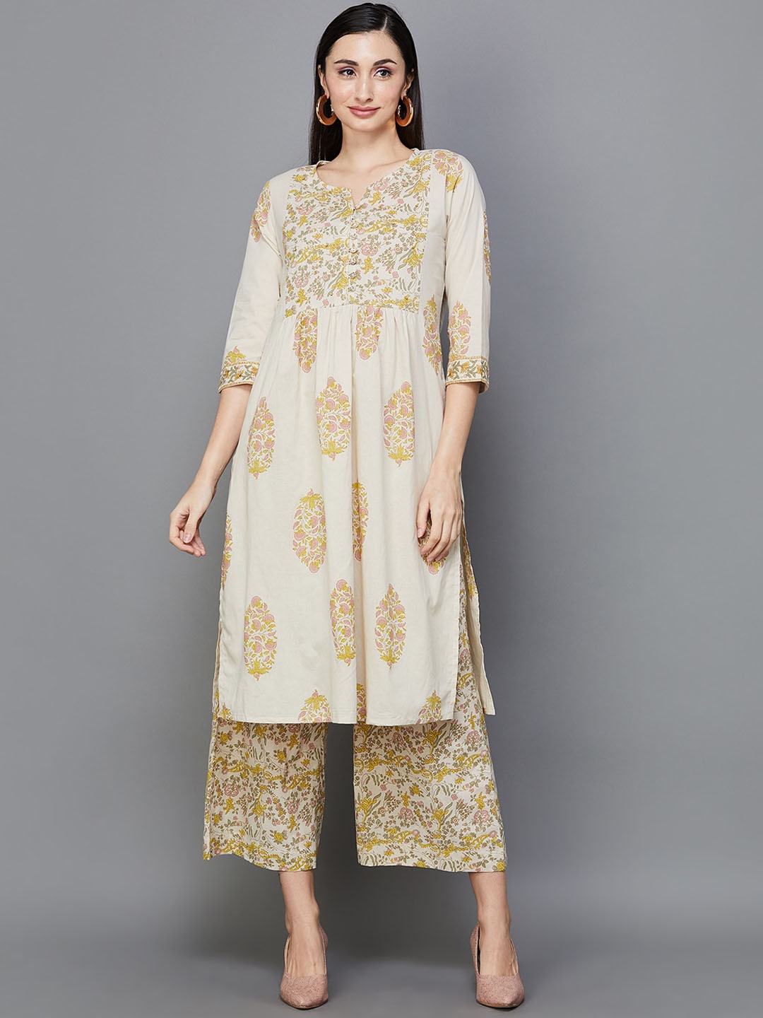 

Melange by Lifestyle Floral Printed Pleated Pure Cotton Kurta with Trousers & With Dupatta, Beige