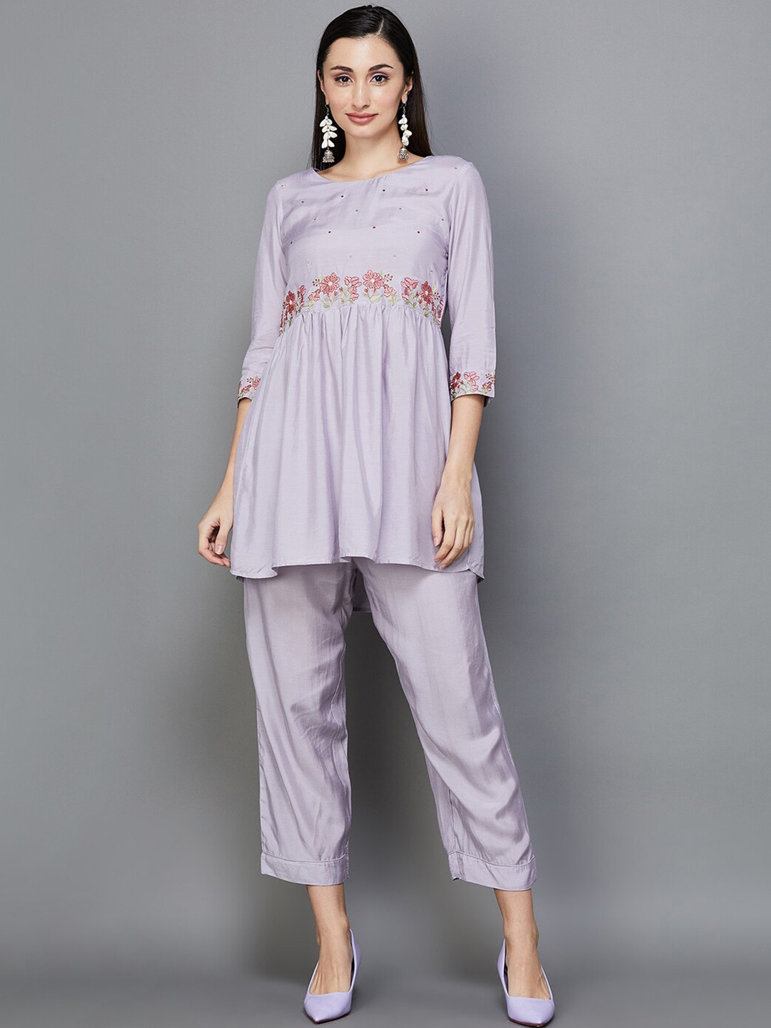 

Melange by Lifestyle Floral Embroidered A-line Kurti With Trousers, Lavender