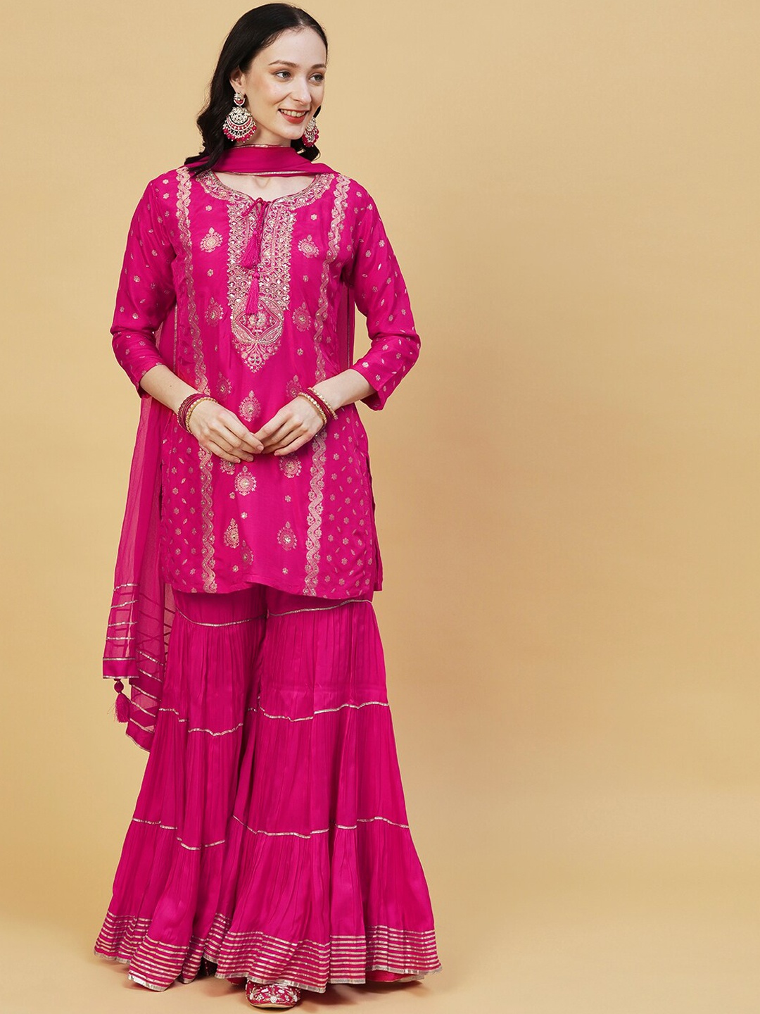 

Envy Me by FASHOR Ethnic Motifs Embroidered Zardozi Kurta with Sharara & Dupatta, Pink