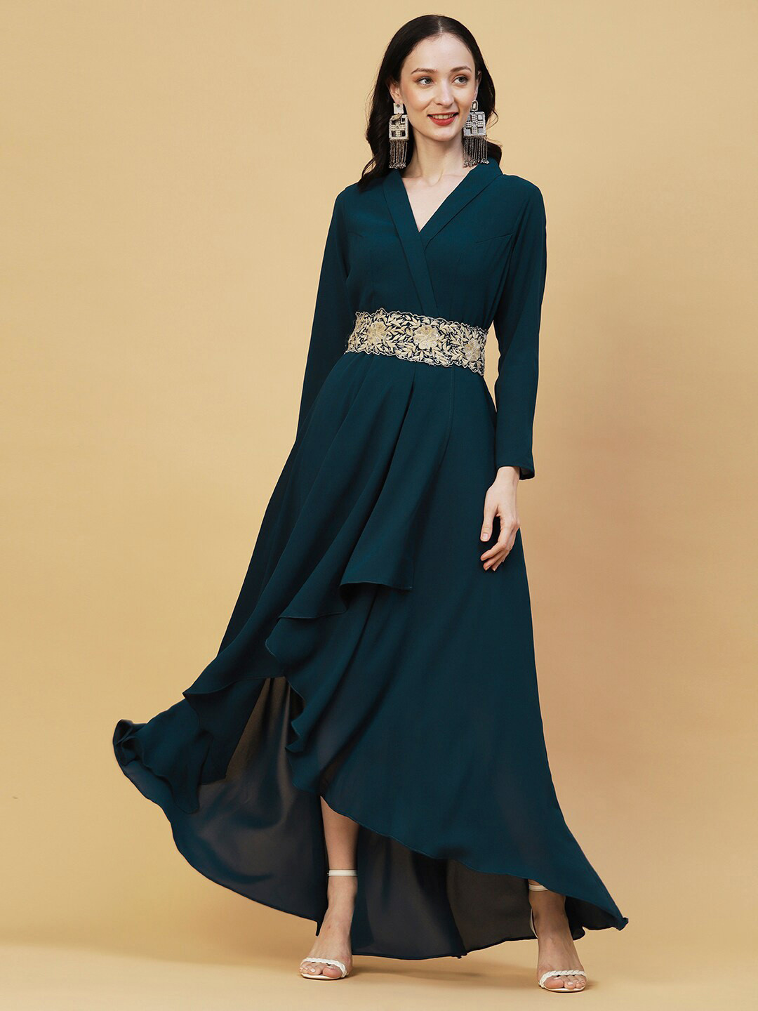 

Envy Me by FASHOR V-Neck Embroidered Detail Silk Fit & Flare Ethnic Maxi Dress With Belt, Teal