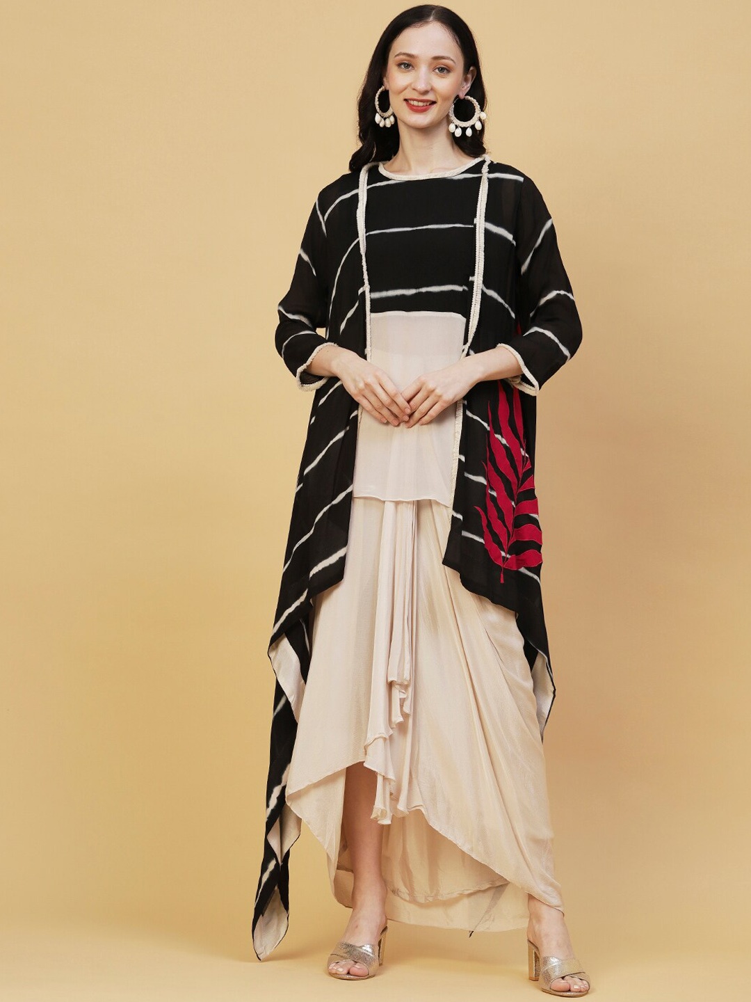 

Envy Me by FASHOR Striped Printed Tunic & Shrug With Skirt Co-Ords, Black