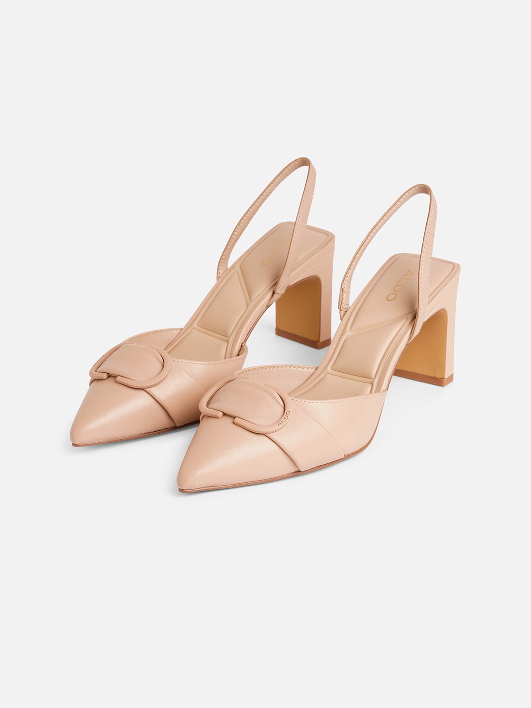 

ALDO Buckled Pointed Toe Block Heel Pumps, Beige