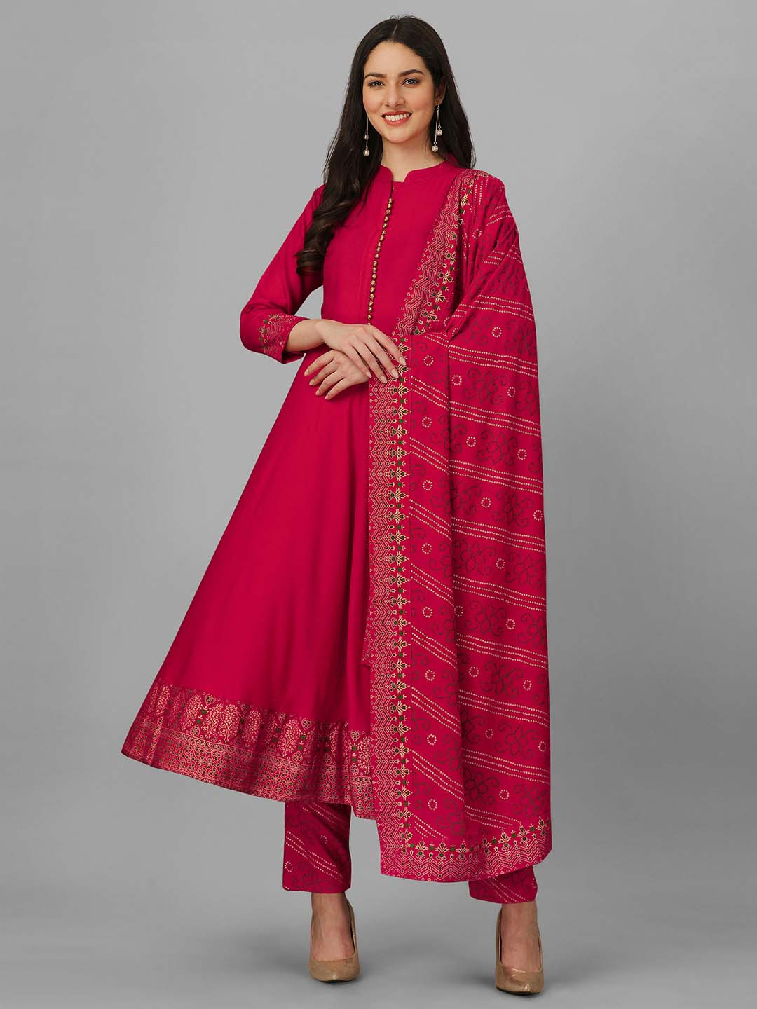 

Nivah Fashion Mandarin Collar Anarkali Kurta & Trousers with Dupatta, Pink