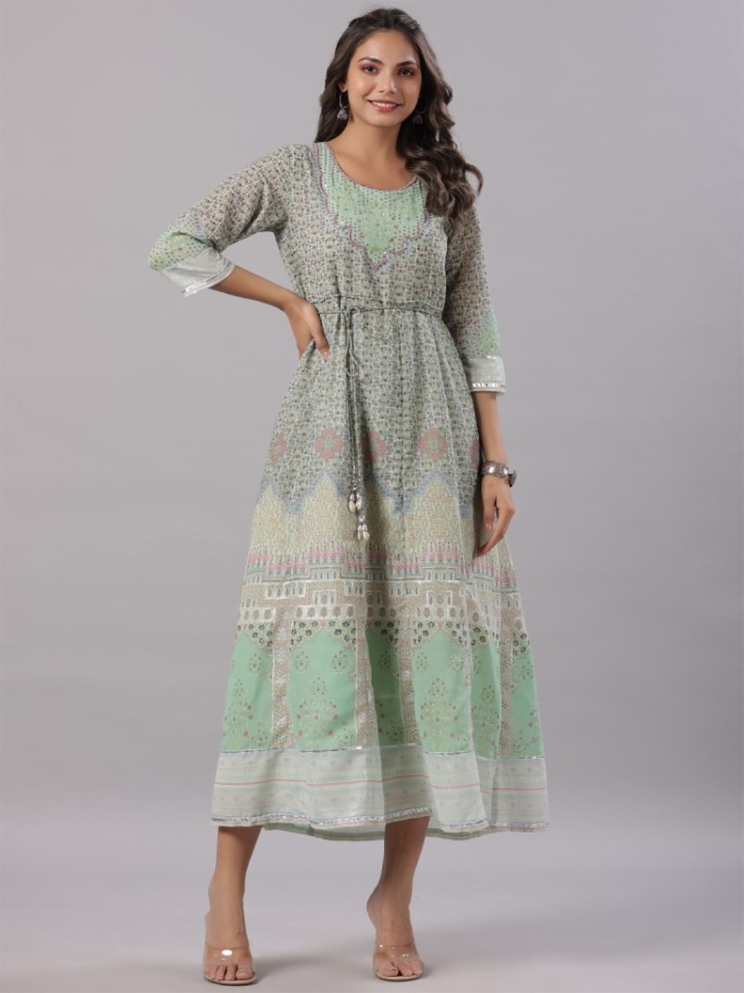 

Juniper Ethnic Motifs Printed Georgette Maxi Ethnic Dresses, Green