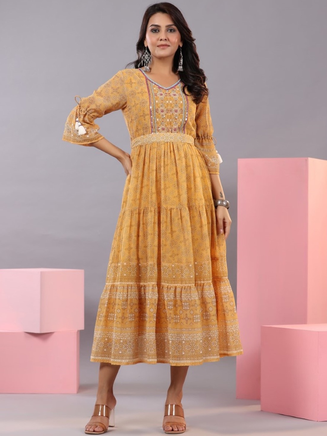 

Juniper Ethnic Motifs Printed Tiered Georgette Fit & Flare Midi Ethnic Dress, Yellow