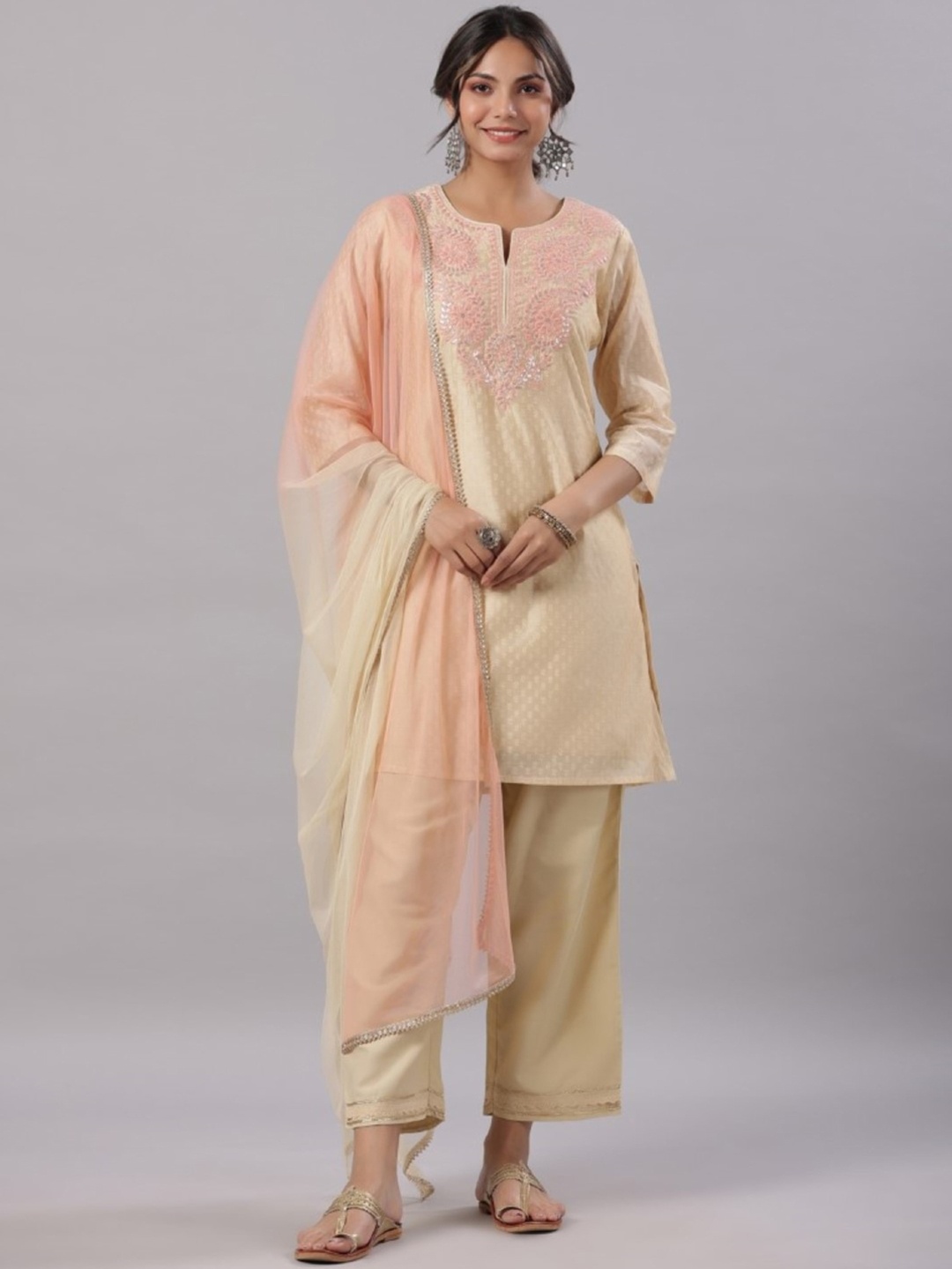 

Juniper Ethnic Motifs Yoke Design Thread Work Chanderi Silk Kurta With Trousers & Dupatta, Gold