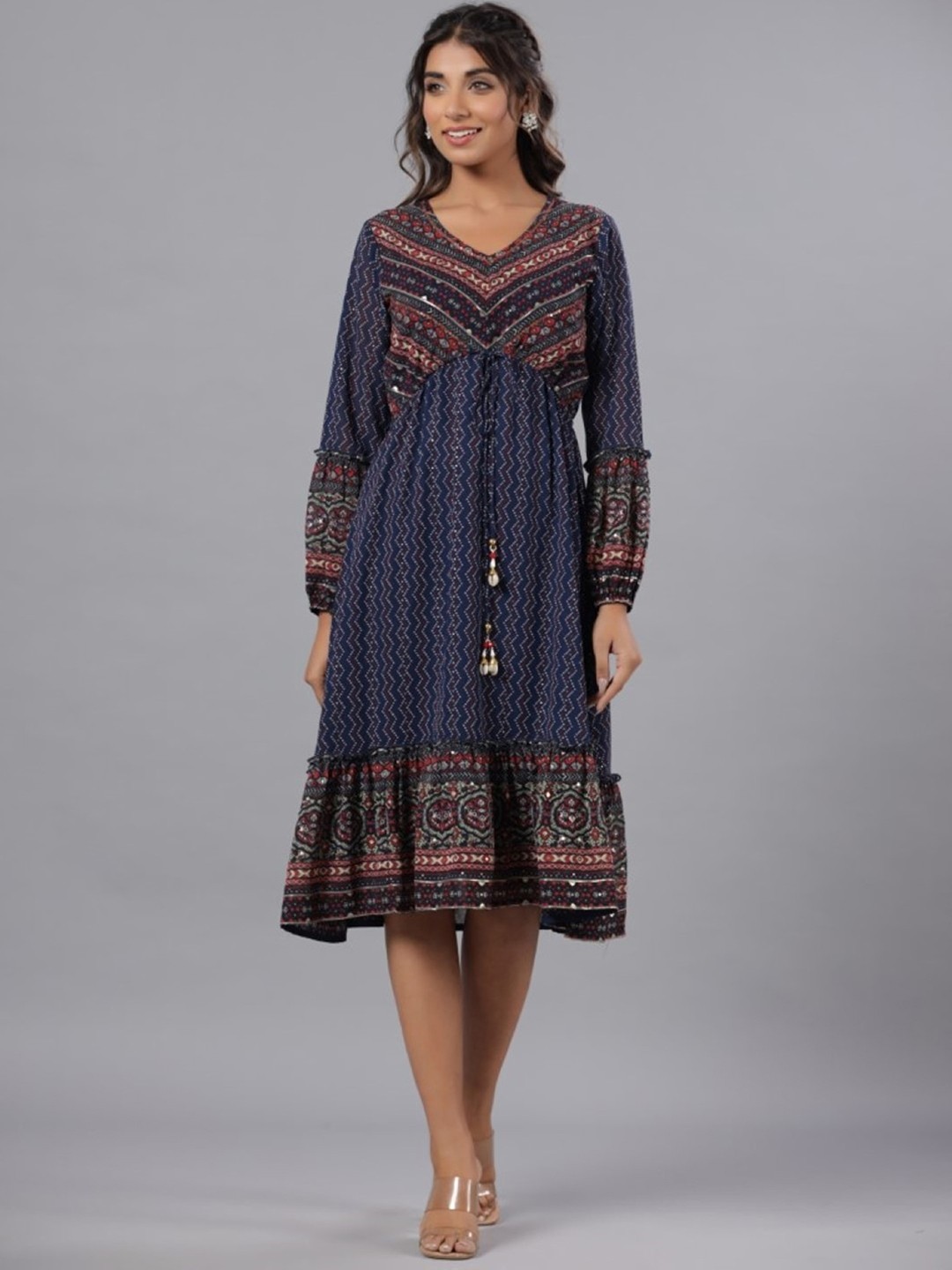 

Juniper Ethnic Motifs Printed Puff Sleeves Georgette A-line Midi Ethnic Dresses, Navy blue
