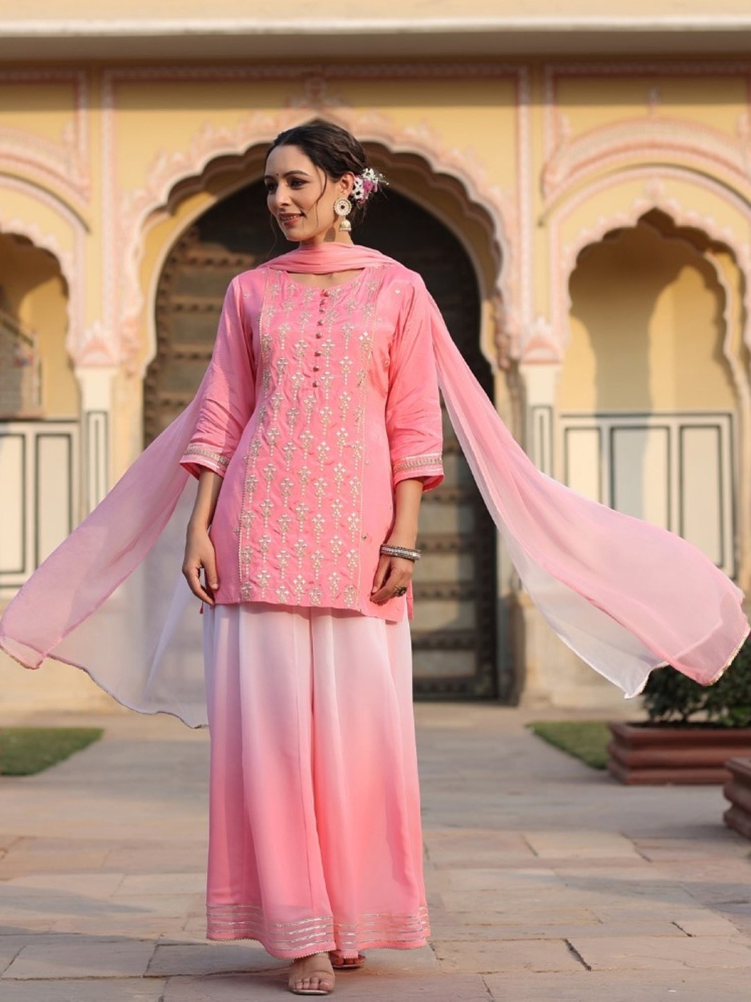 

Juniper Ethnic Motifs Embroidered Mirror Work Kurtia With Palazzos & Dupatta, Pink