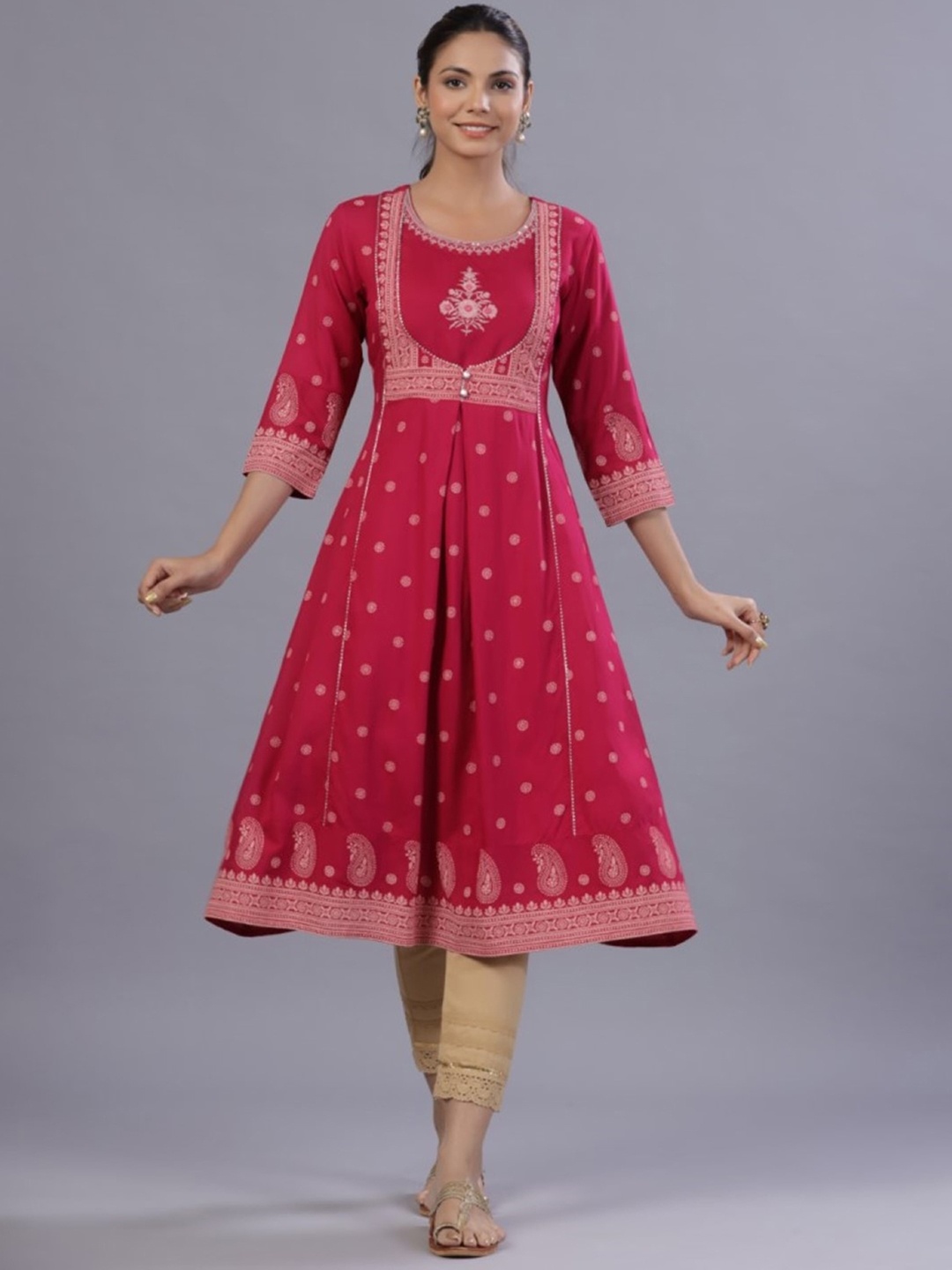 

Juniper Ethnic Motifs Printed Flared A-line Kurta, Fuchsia