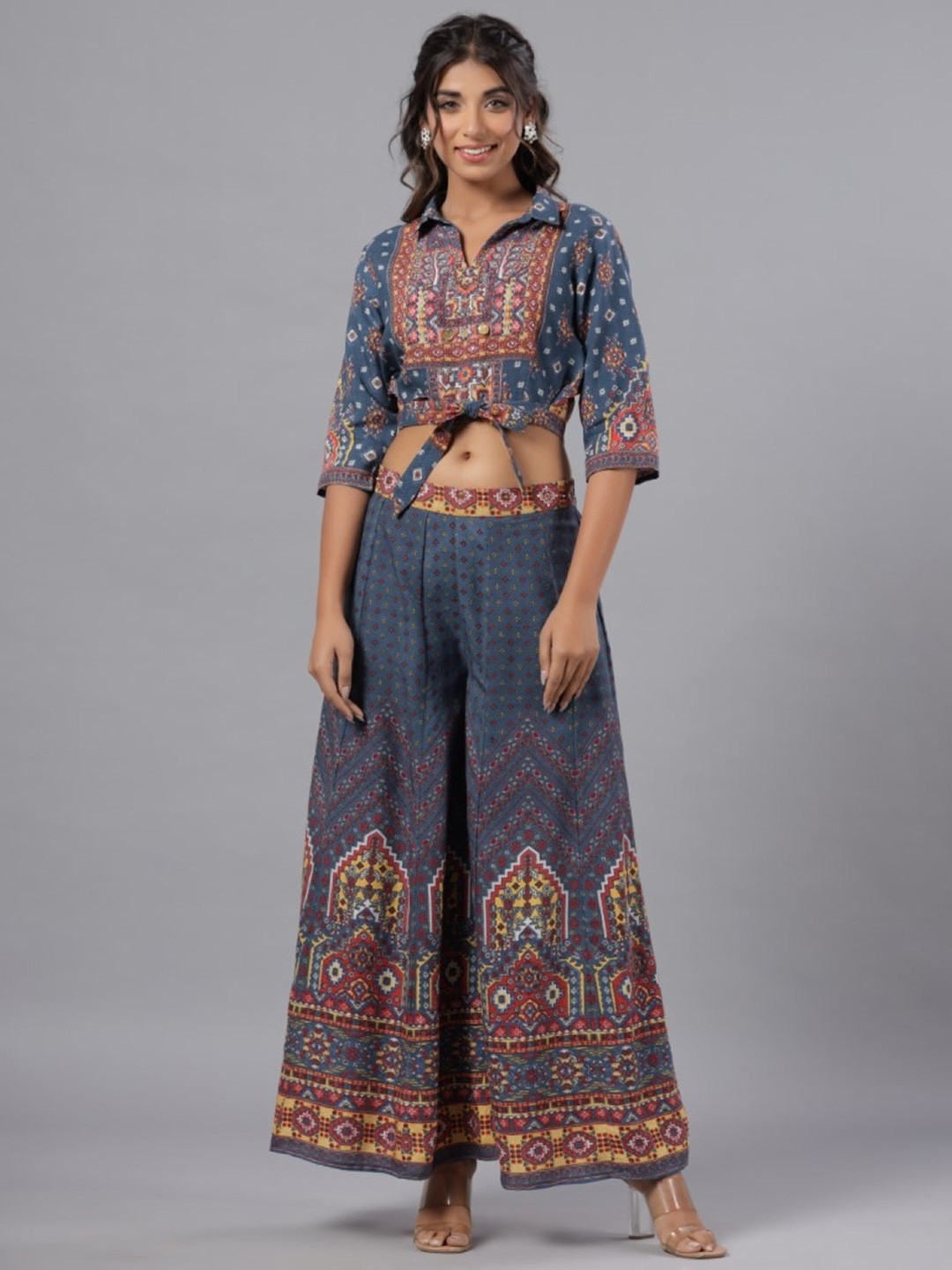 

Juniper Ethnic Motifs Printed Top & Palazzo, Navy blue