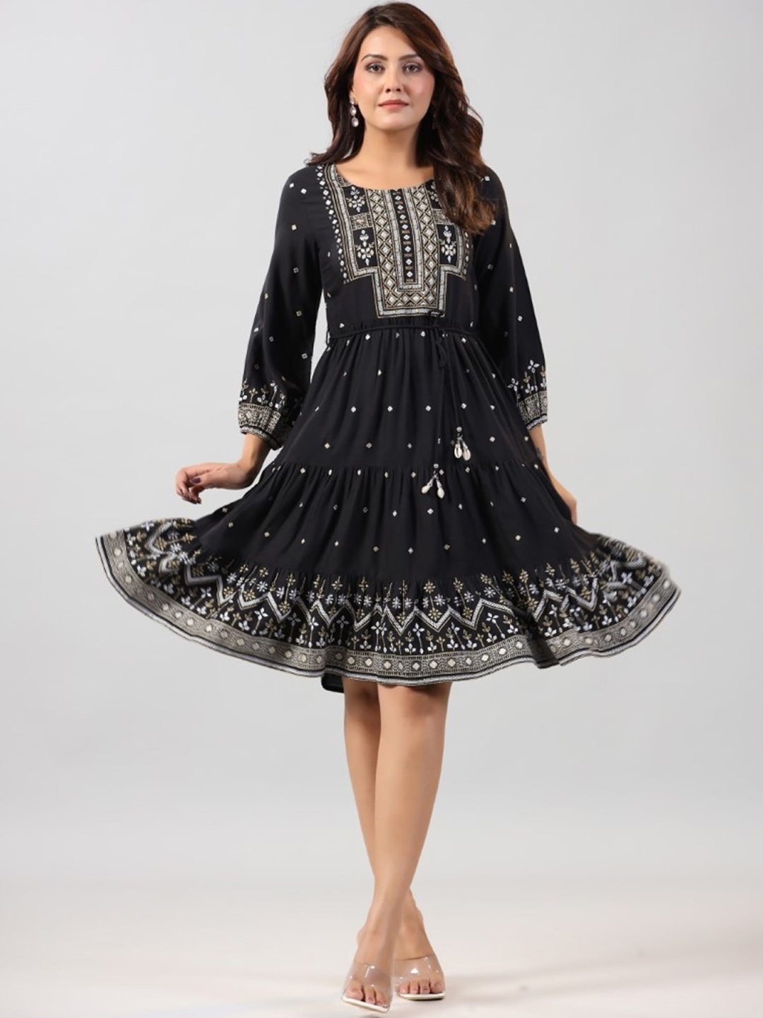 

Juniper Ethnic Motifs Printed Puff Sleeves A-line Midi Ethnic Dresses, Black