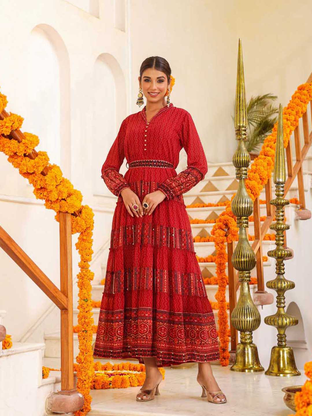 

Juniper Ethnic Motif-Printed V-Neck Puff Sleeves Georgette Maxi Ethnic Dresses, Rust