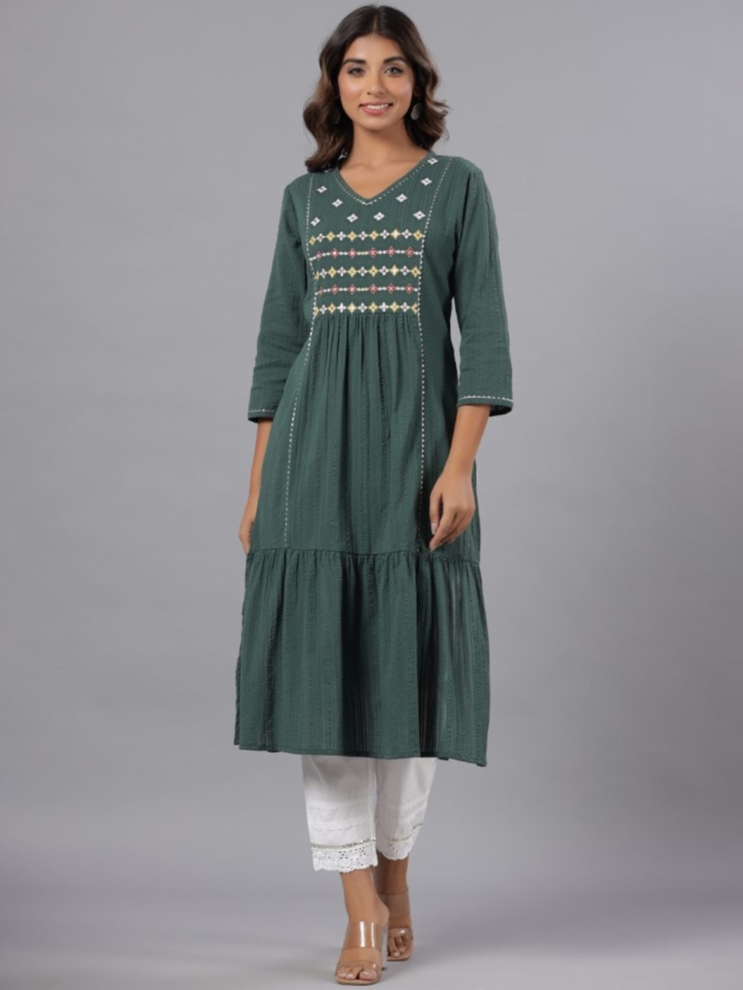 

Juniper V Neck Ethnic Motif Embroidered Yoke Design Gotta Patti A-Line Cotton Kurta, Green