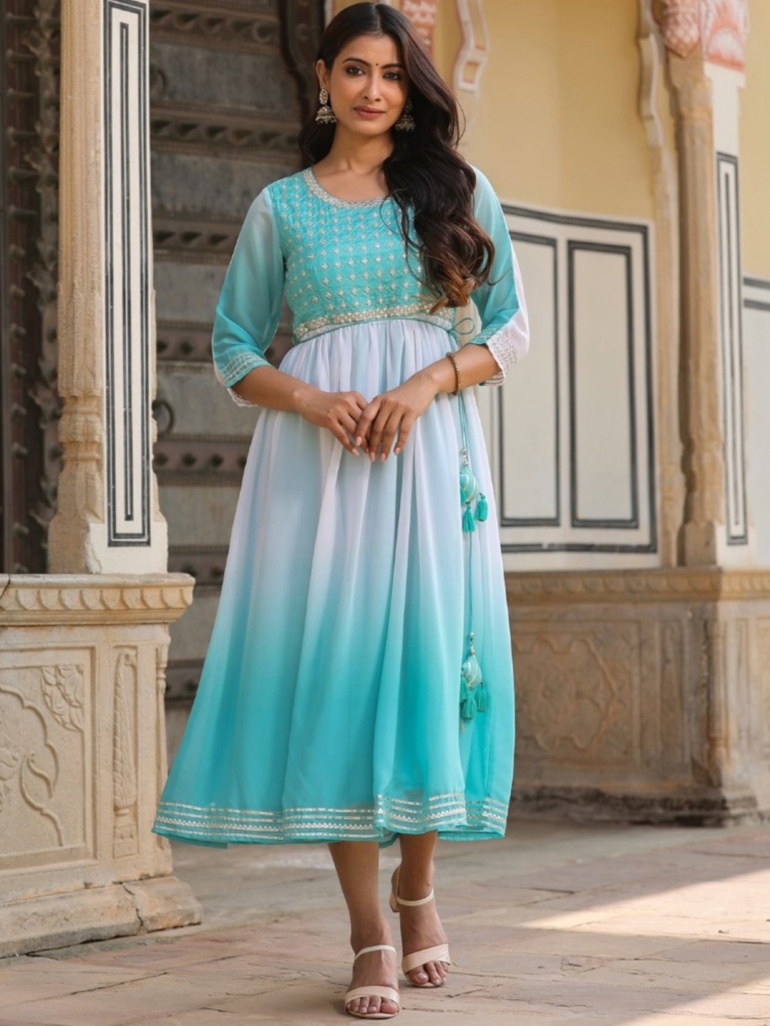 

Juniper Embroidered Georgette Fit & Flare Midi Ethnic Dresses, Blue