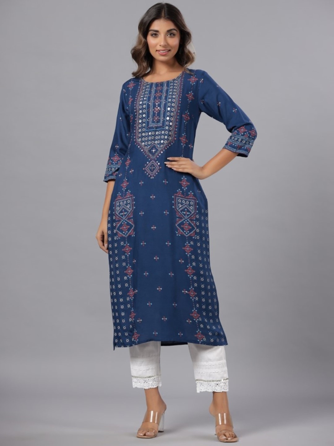

Juniper Round Neck Ethnic Motifs Printed Beads And Stones Straight Kurta, Navy blue