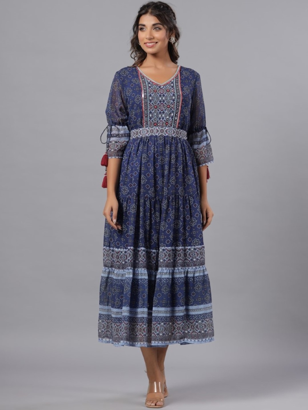 

Juniper Geometric Printed V-Neck Puff Sleeves Tiered Georgette Maxi Ethnic Dresses, Navy blue