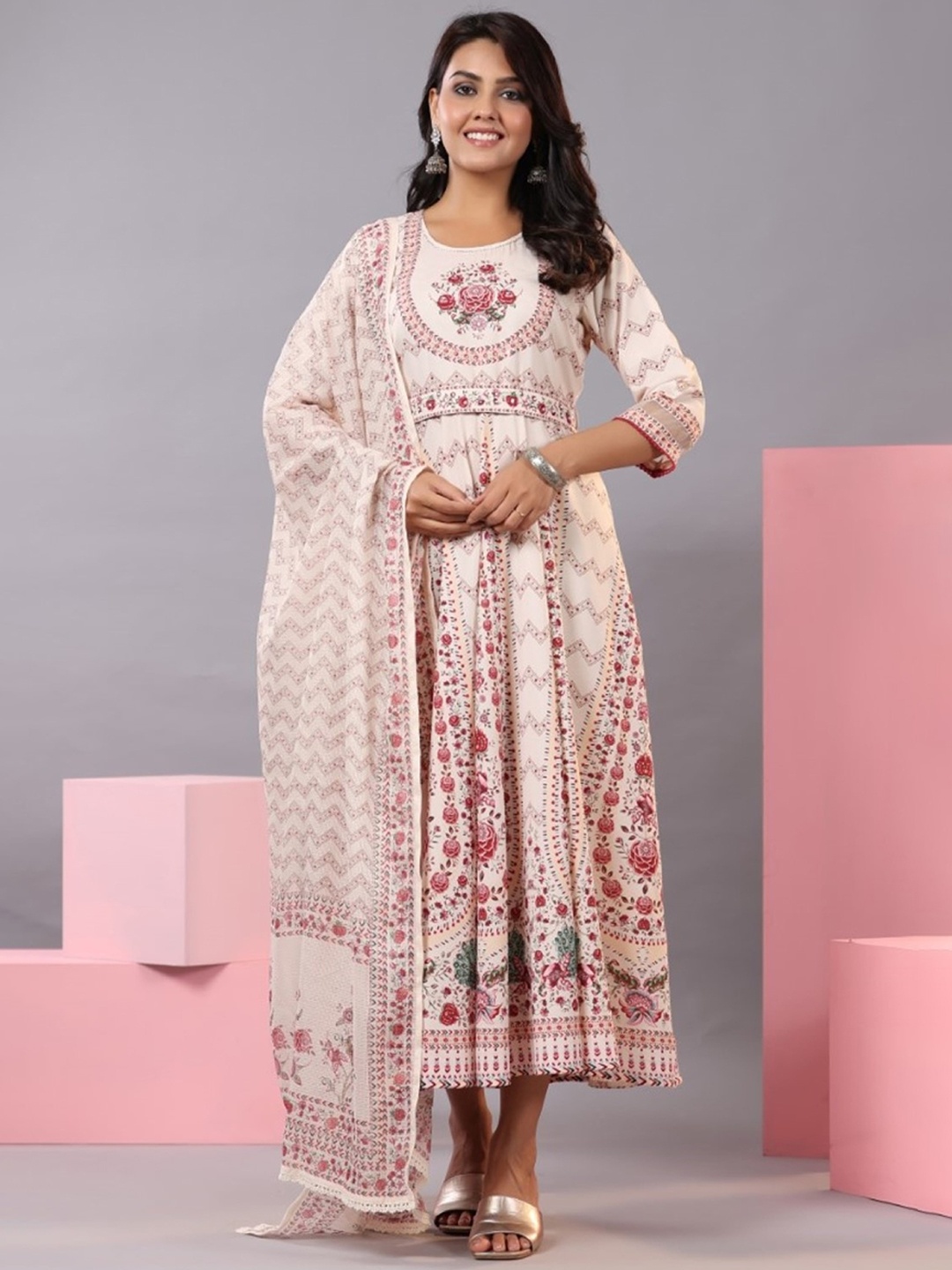 

Juniper Beige Ethnic Motifs Printed Tie-Up detail Maxi Ethnic Dress & Dupatta