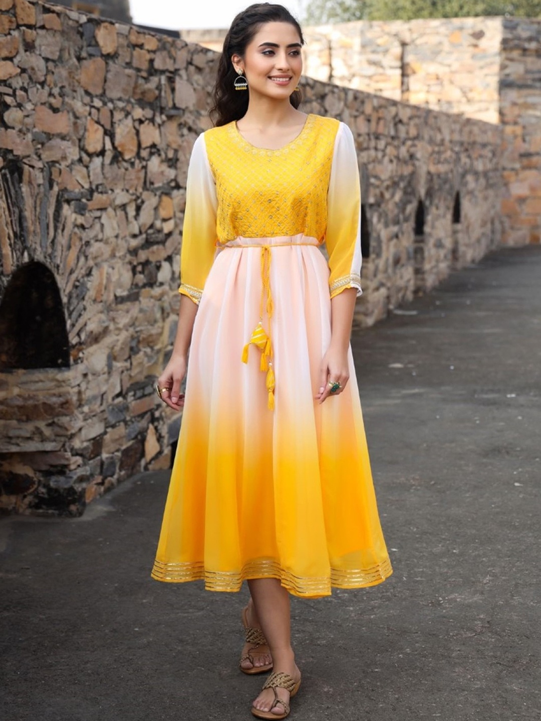

Juniper Floral Embroidered Georgette A-line Midi Ethnic Dresses, Yellow