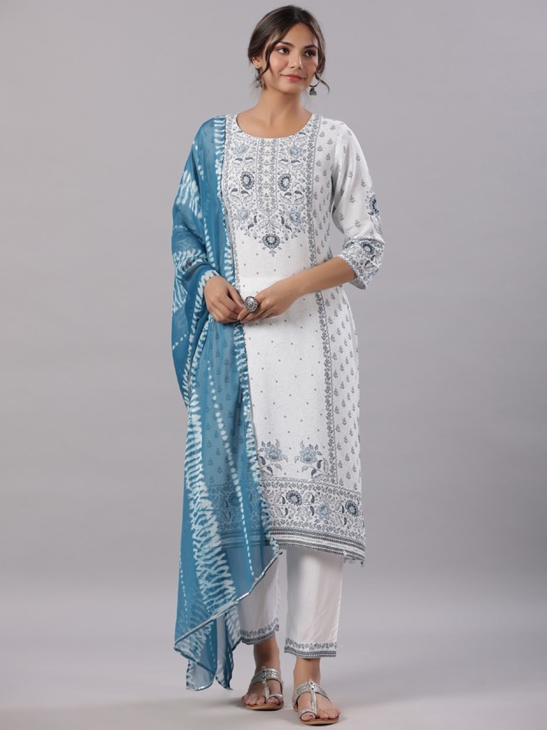 

Juniper Ethnic Motifs Printed Straight Kurta With Trousers & Dupatta, White