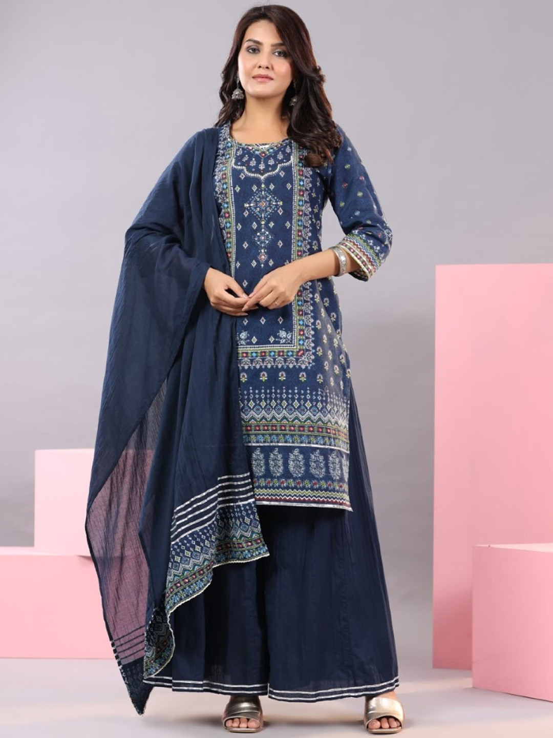 

Juniper Blue & White Ethnic Motifs Printed Pure Cotton Kurta with Palazzos & Dupatta
