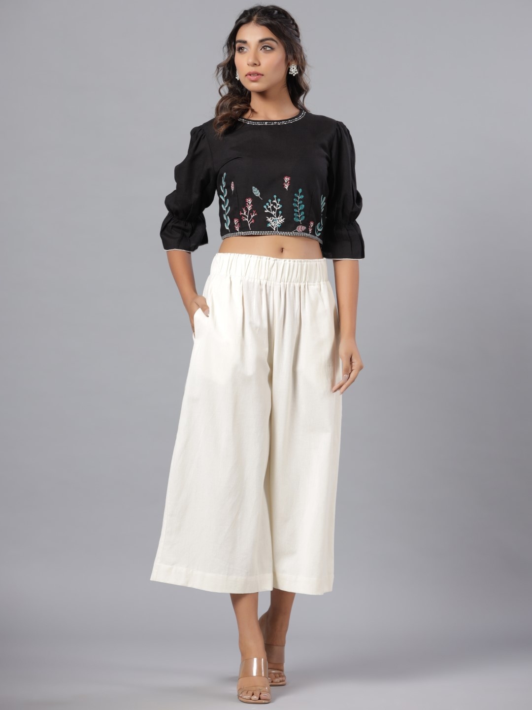 

Juniper Black Floral Embroidered Puff Sleeves Liva Crop Top