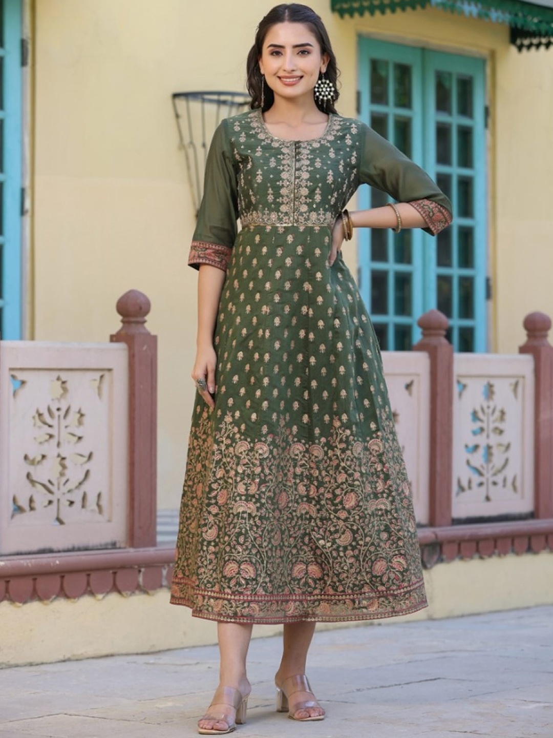 

Juniper Ethnic Motifs Printed Embroidered Detai Chanderi Silk A-line Midi Ethnic Dresses, Olive