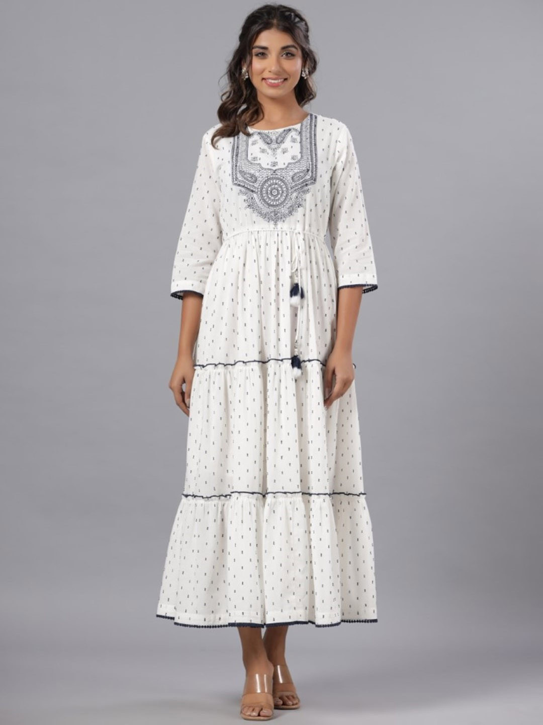 

Juniper Ethnic Motifs Embroidered Fit and Flare Maxi Ethnic Dress, Off white